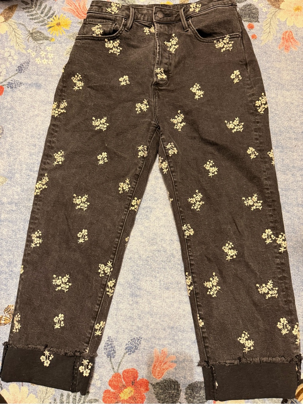 DRIFTWOOD Black Jeans with Cream Floral Embroidery
